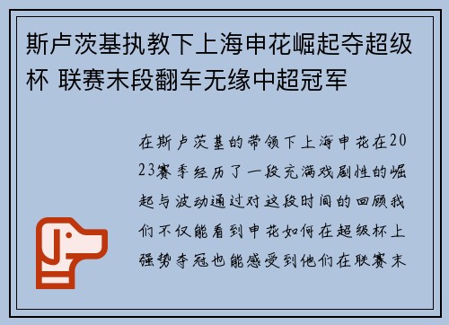 斯卢茨基执教下上海申花崛起夺超级杯 联赛末段翻车无缘中超冠军 斯卢茨基执教下上海申花崛起夺超级杯 联赛末段翻车无缘中超冠军