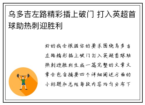 乌多吉左路精彩插上破门 打入英超首球助热刺迎胜利 乌多吉左路精彩插上破门 打入英超首球助热刺迎胜利