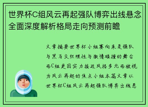 世界杯C组风云再起强队博弈出线悬念全面深度解析格局走向预测前瞻